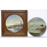 Two late 19th / early 20thC hand painted chargers / plates. An English landscape scene with cows /