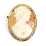 An early 20thC brooch set with oval cameo in a gilt metal mount. 1 3/4" long Please Note - we do not