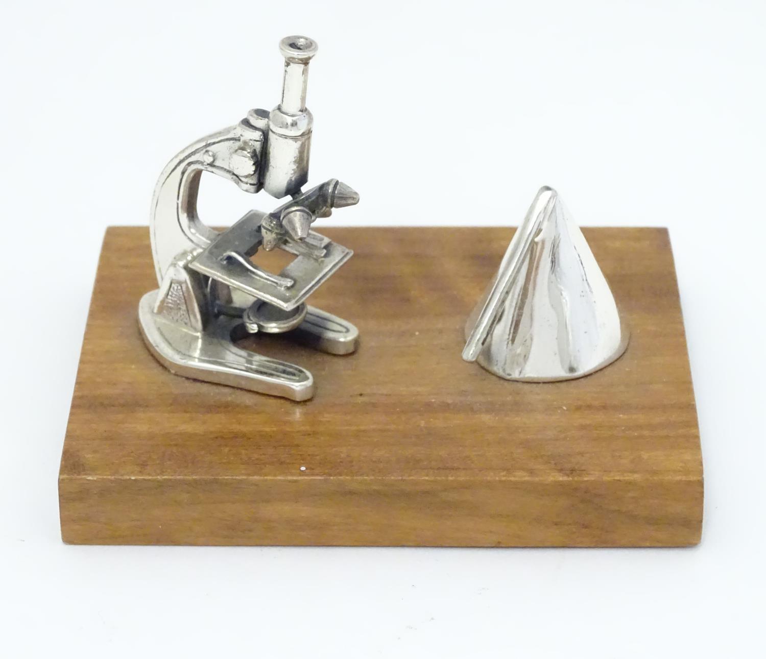 A Continental .925 silver miniature model of a microscope etc. mounted on a wooden base. Approx. - Image 4 of 8