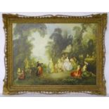 After Jean-Antoine Watteau (1684-1721), Coloured print, Fête Champêtre, A pastoral scene with