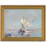 Ambrose, XX, Marine School, Oil on canvas, A coastal scene with sailing boats and rowing boats