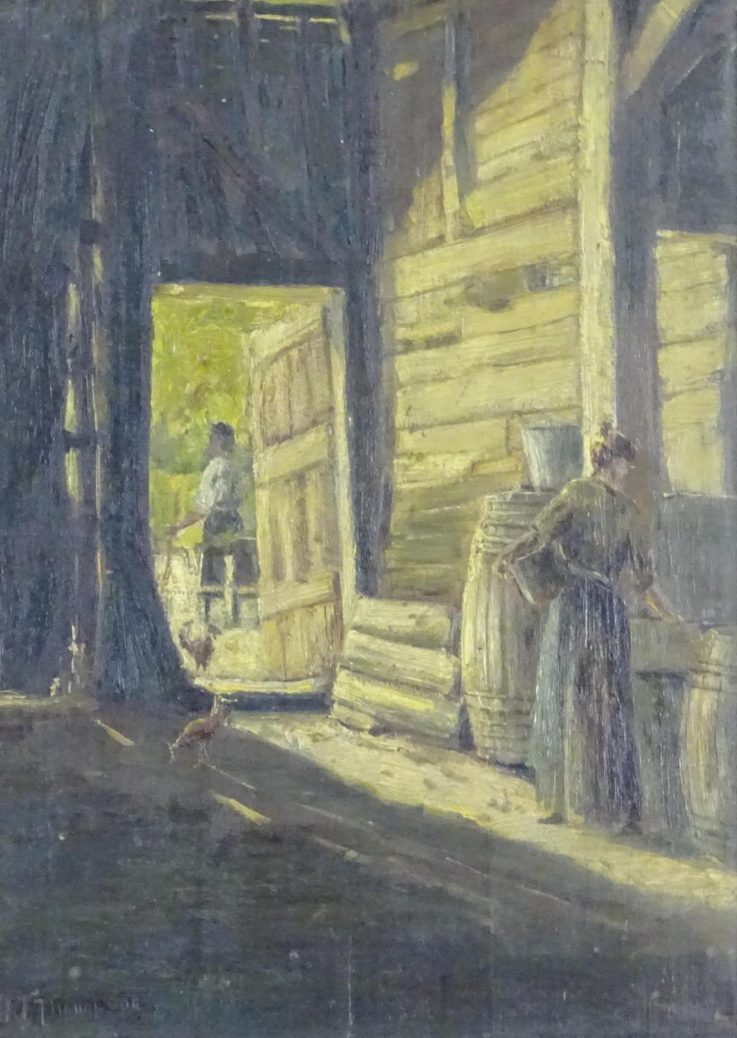 H. J. Thompson, XX, English School, Oil on board, A barn interior scene, with a woman and - Image 3 of 5