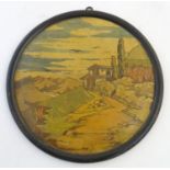 An early 20thC circular wooden plaque decorated with a mountainous landscape. Approx 10" Please Note