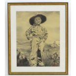 Poumet, XX, Pencil and charcoal, A portrait of a young cowboy in a desert landscape. Signed and