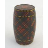A 19thC tartan ware thimble box / barrel, marked Prince Charles to top. Approx. 1 3/4" Please Note -