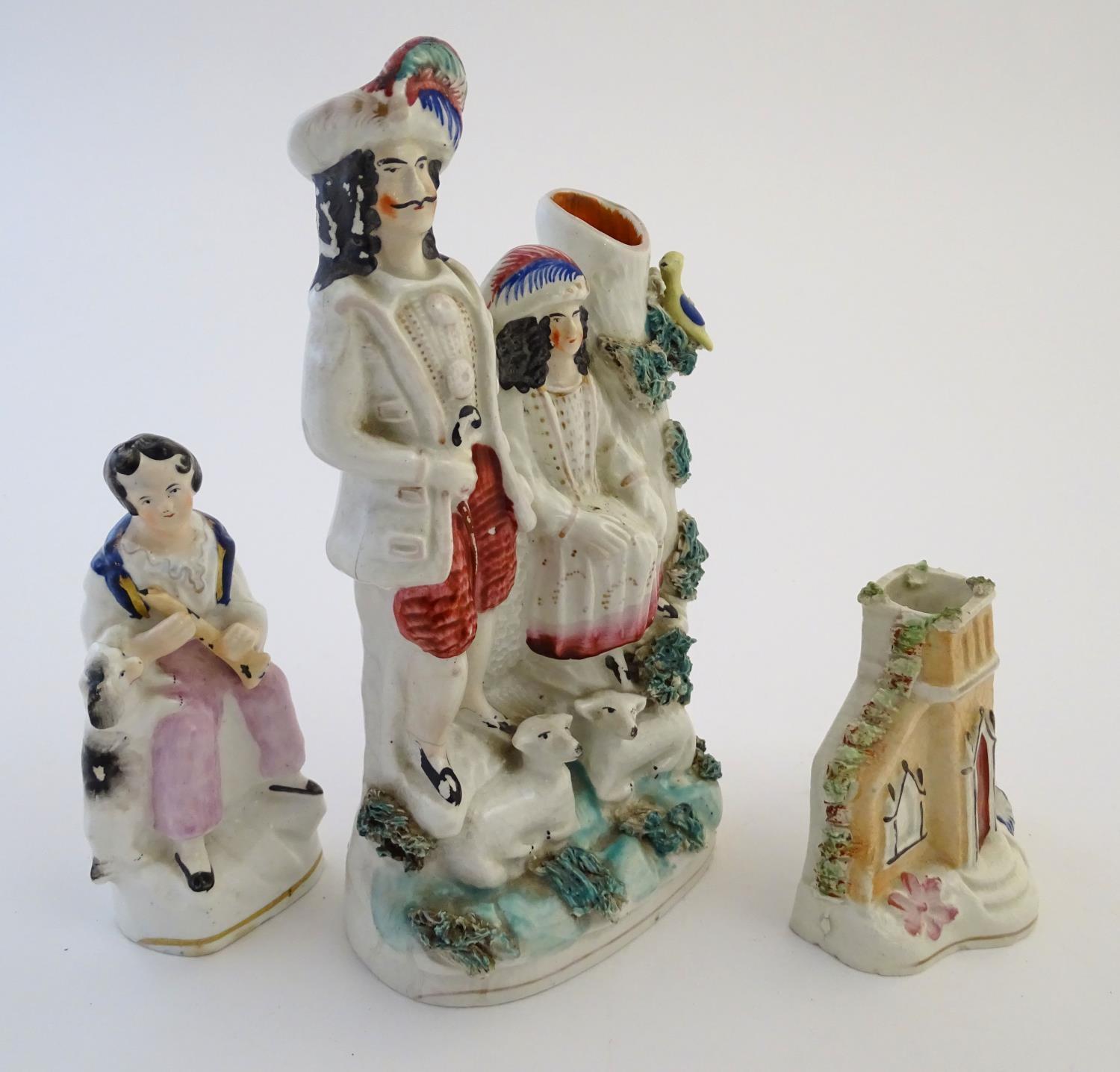 Three items of Staffordshire pottery, to include a figural bud vase, a flatback house and a figure - Image 3 of 9