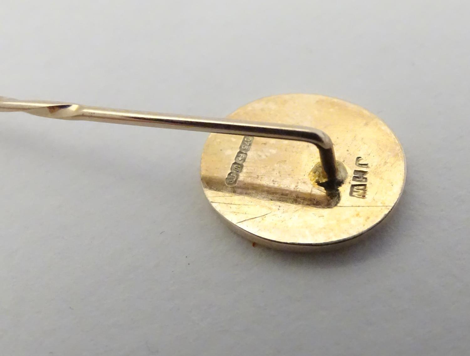 Masonic Interest : A 9ct gold stick pin surmounted by blue enamel oval decoration with masonic - Image 7 of 9