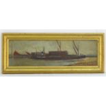 XX, English School, Oil on canvas laid on board, A dockside scene with a barge boat. Approx. 6" x 20
