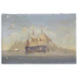 XIX, Marine School, Oil on canvas, A British Man O' War ship and boats off the island of