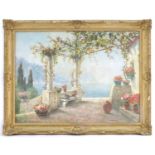 F Gardner, XX, Oil on canvas, A mountainous Italian lake view from a vine covered pergola with vases