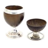 A Victorian cup / goblet formed from a coconut shell, with silver plate pedestal foot and silver rim