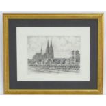 Peters, XIX-XX, Original Etching, Koln (Cologne) cathedral beside the river Rhine with figures.