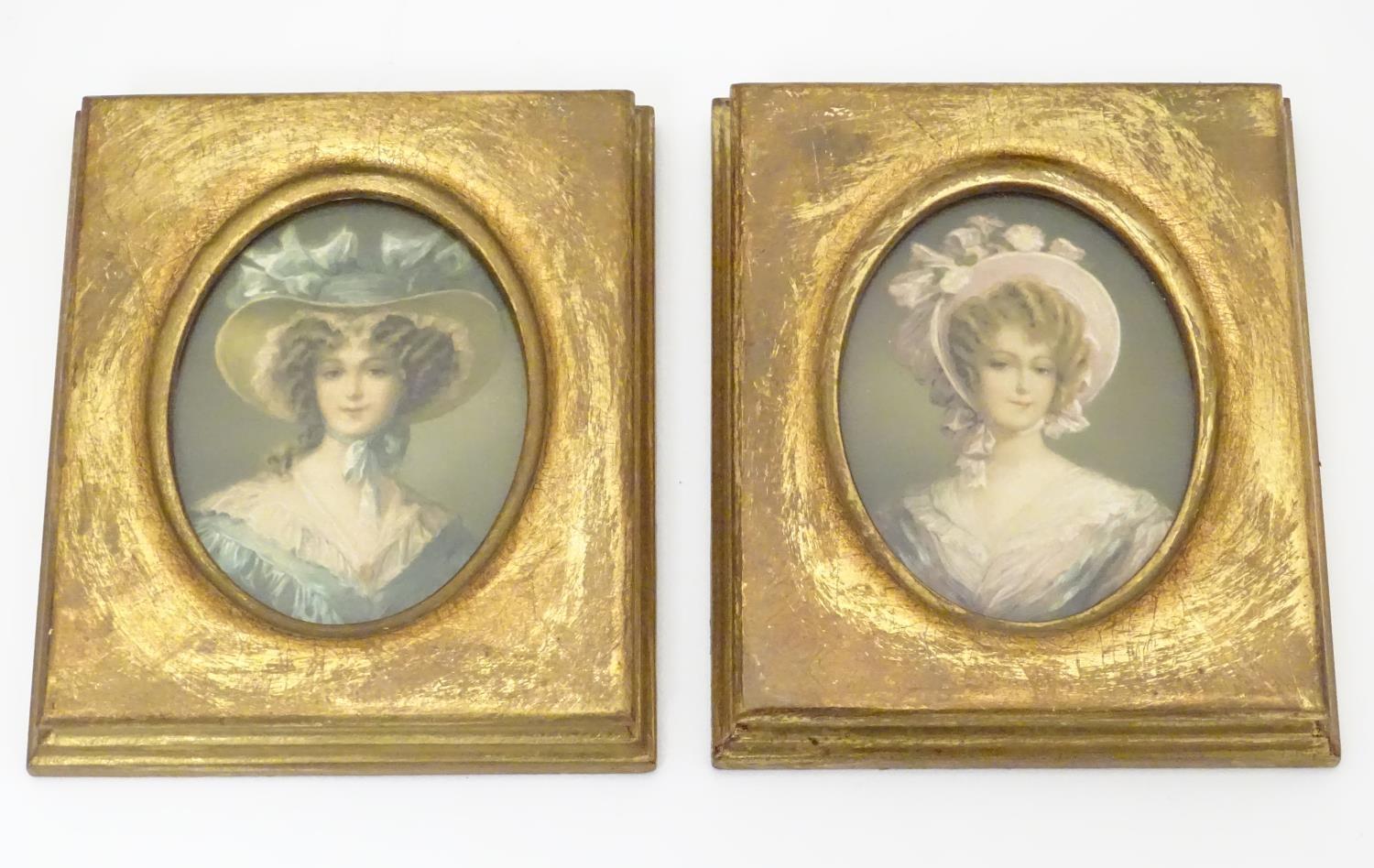 A pair of framed 20thC Continental coloured prints depicting miniature portraits of ladies wearing