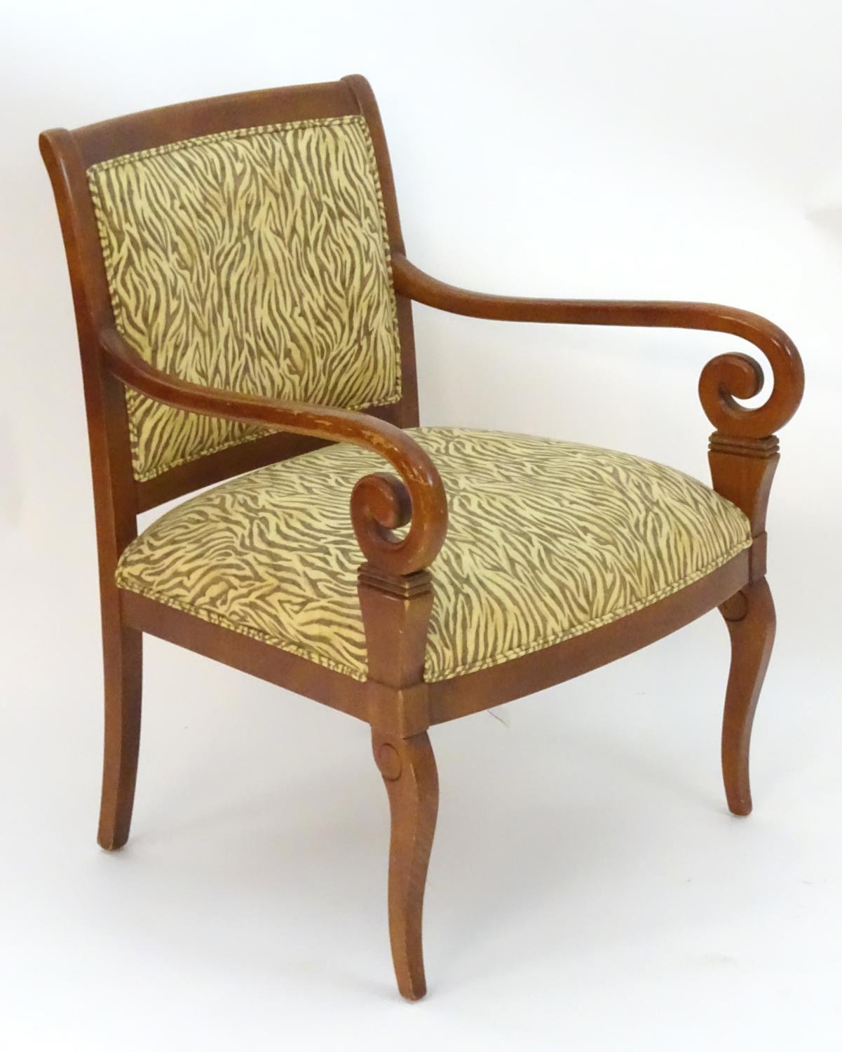 A late 20thC open armchair with upholstered back rest and seat, scrolled arms and raised on cabriole - Image 4 of 5
