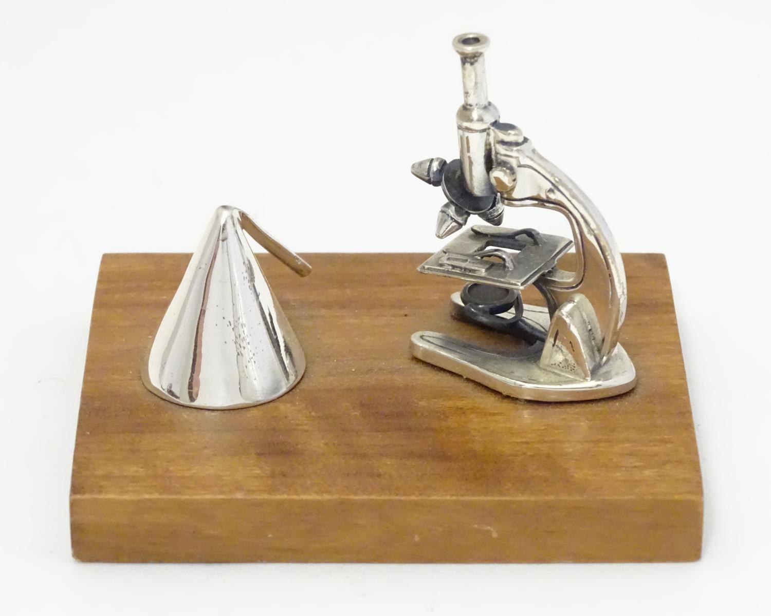 A Continental .925 silver miniature model of a microscope etc. mounted on a wooden base. Approx. - Image 5 of 8