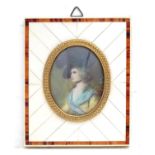 A 19thC oval watercolour portrait miniature depicting Sarah Siddons after Thomas Gainsborough (