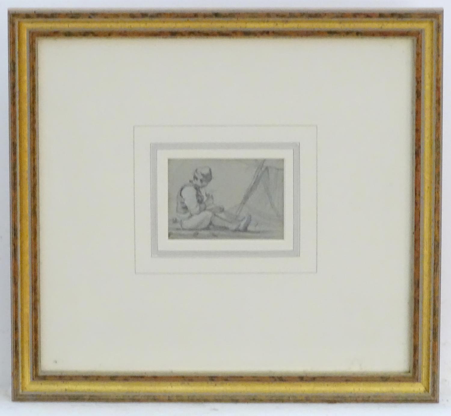 XIX-XX, Pencil on paper, A sketch of a seated man smoking a pipe whilst mending fishing nets. - Image 3 of 3