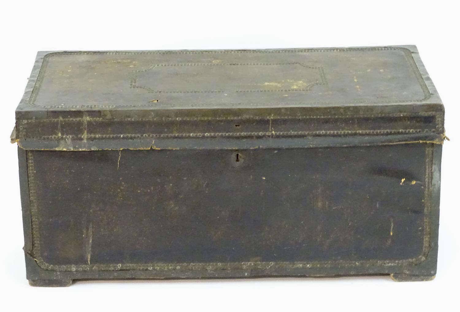 A Regency leather bound camphor wood trunk with brass stud detailing and flanked by carrying - Image 3 of 5