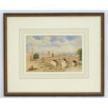XIX, Continental School, Watercolour, A stone arch bridge with a seated figure in the foreground and