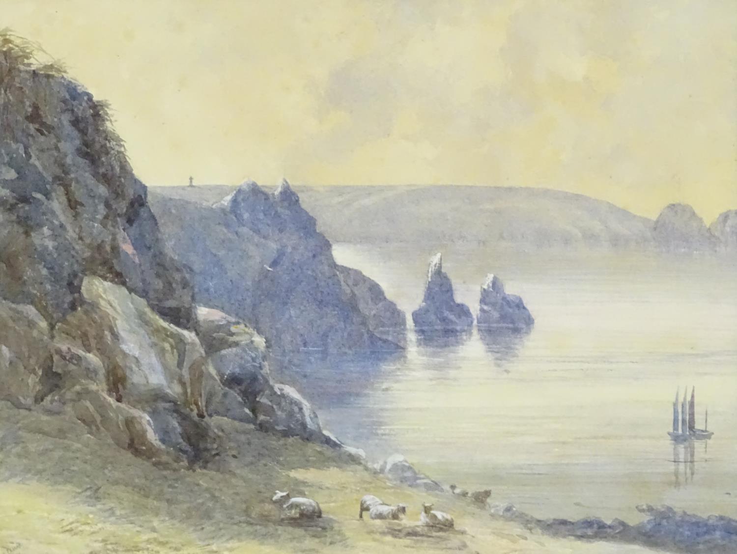 Indistinctly signed A. B. Caves, XIX, English School, Watercolour, A coastal scene with sheep - Image 3 of 4