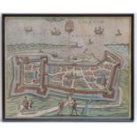 Map: a framed, hand-coloured view of Calais (contemporarily produced after Braun and Hogenberg