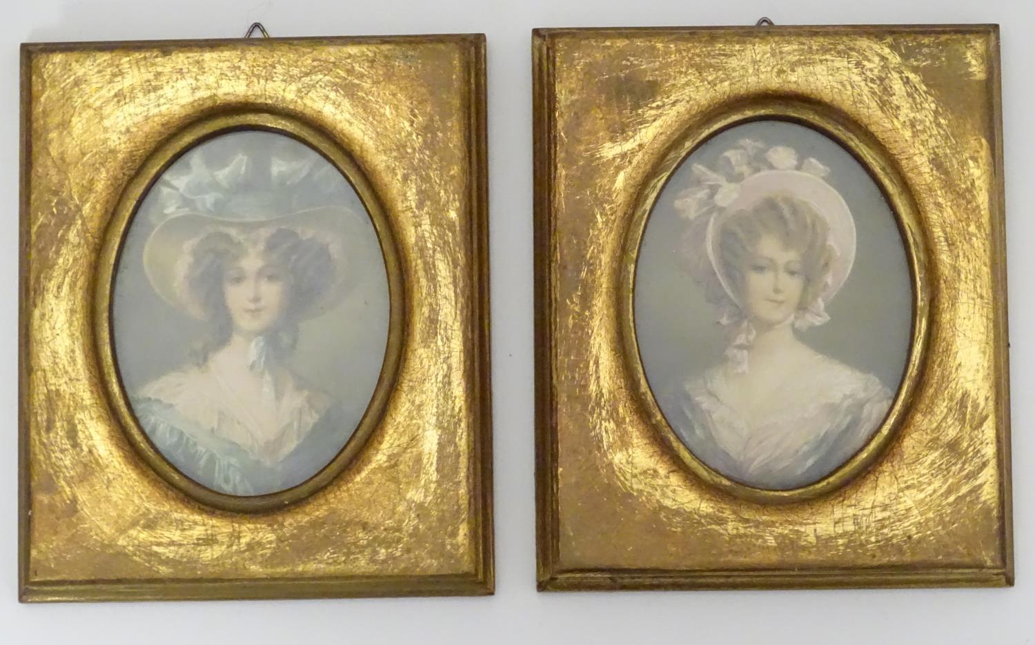 A pair of framed 20thC Continental coloured prints depicting miniature portraits of ladies wearing - Image 4 of 9