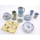 A quantity of assorted Wedgwood Jasperware items to include a lidded jug, a pair of small vases with