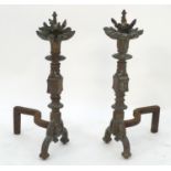 Garden & Architectural, Salvage: a pair of 19thC cast iron and bronze fire dogs, the columns