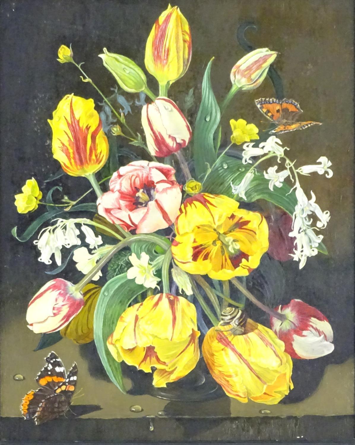 Manner of Susan Vogel (b. 1950), Oil on board, A Dutch style still life study of flowers and a - Image 4 of 4