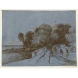 After David Cox (1783-1859), XIX, Old Master lithographic print on blue laid paper, Rural Bridge,