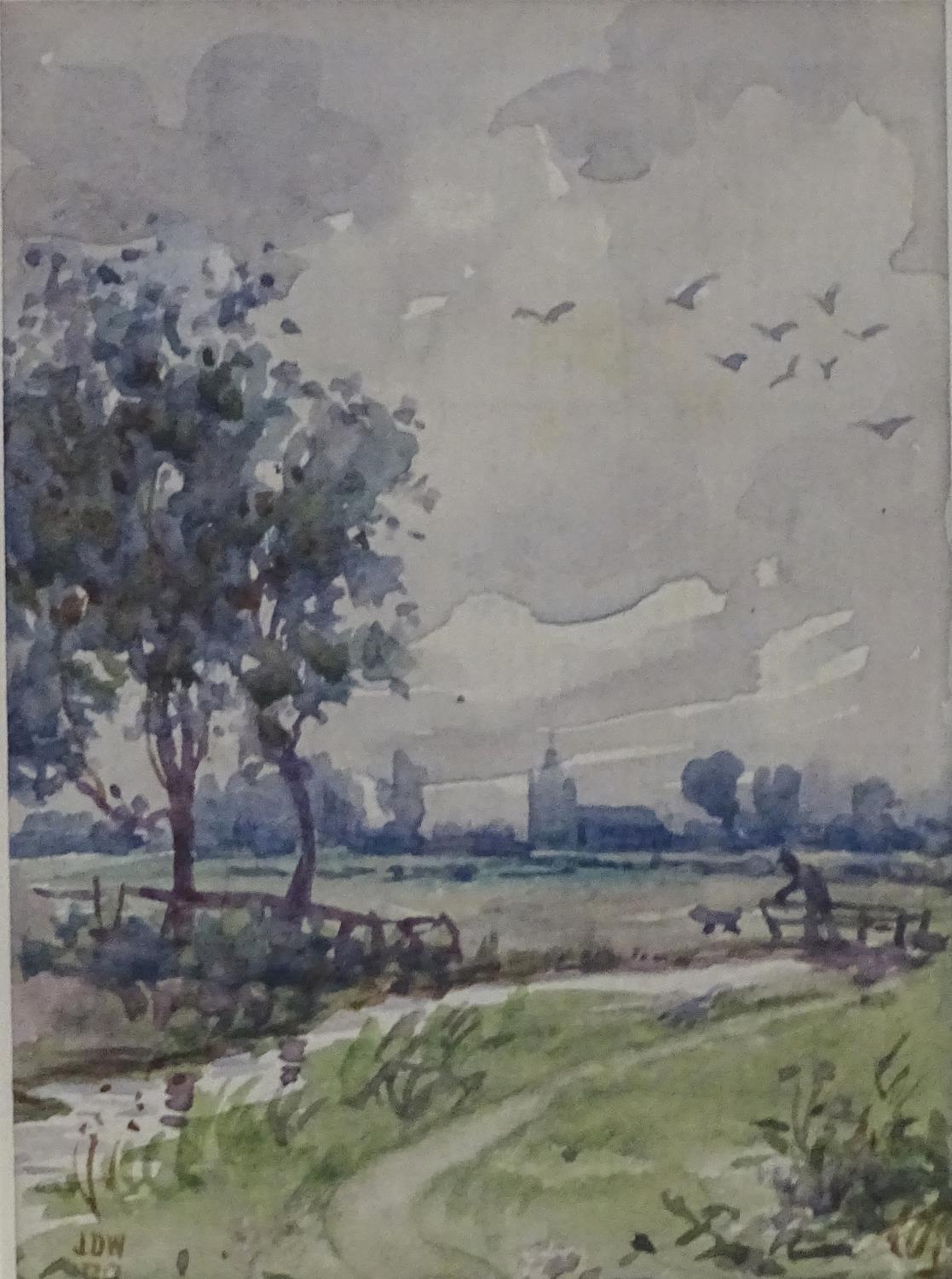 Initialled J. D. W., XIX, Watercolour, A country landscape scene depicting a figure and a dog - Image 5 of 6