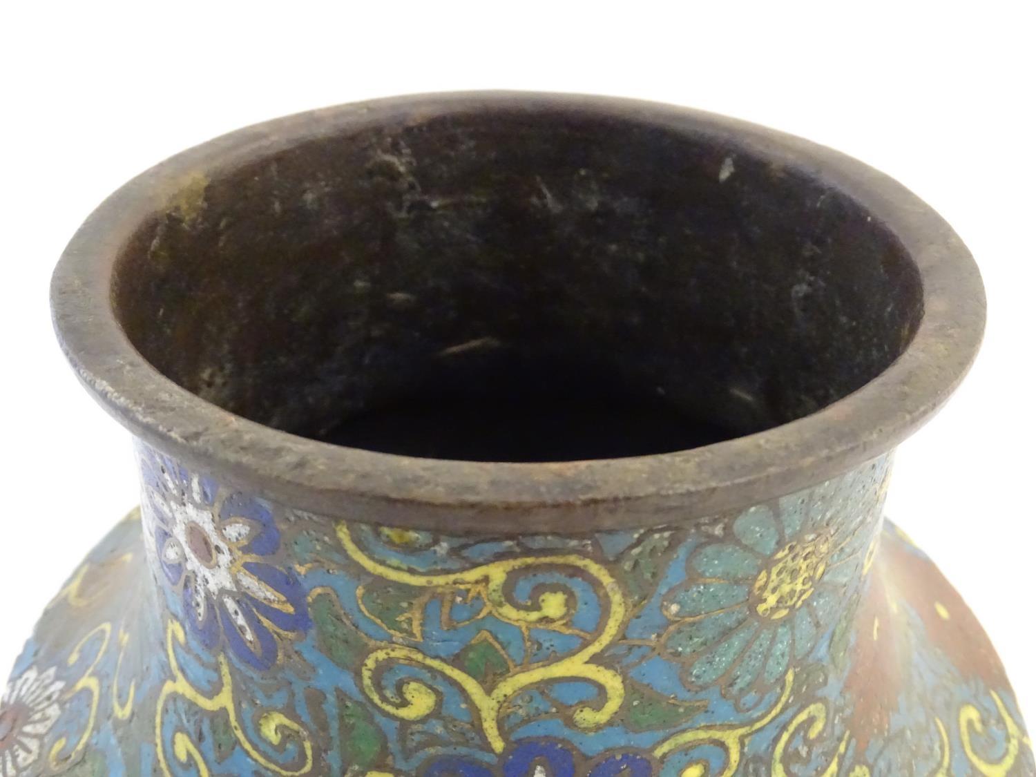 A 19th / 20thC oriental cloisonne enamel vase of baluster form with scrolling floral and foliate - Image 5 of 8