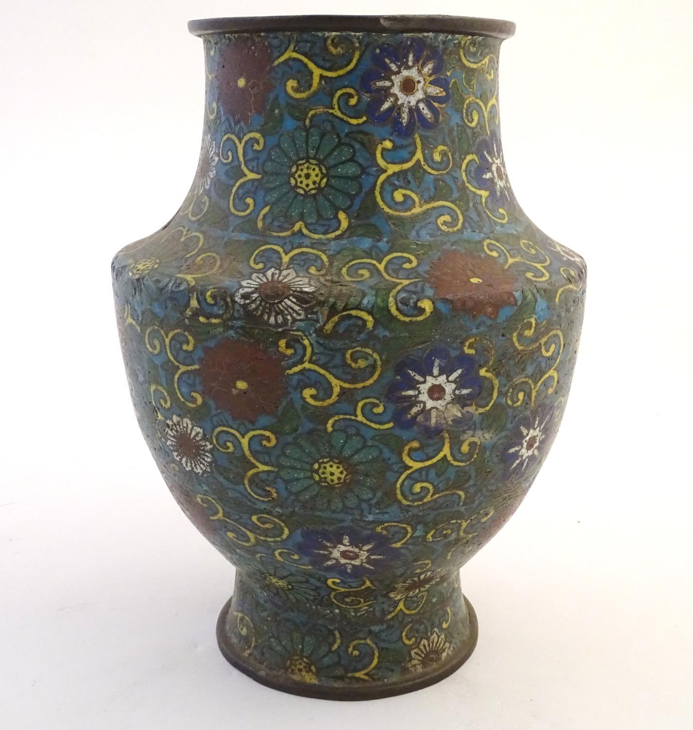 A 19th / 20thC oriental cloisonne enamel vase of baluster form with scrolling floral and foliate - Image 4 of 8