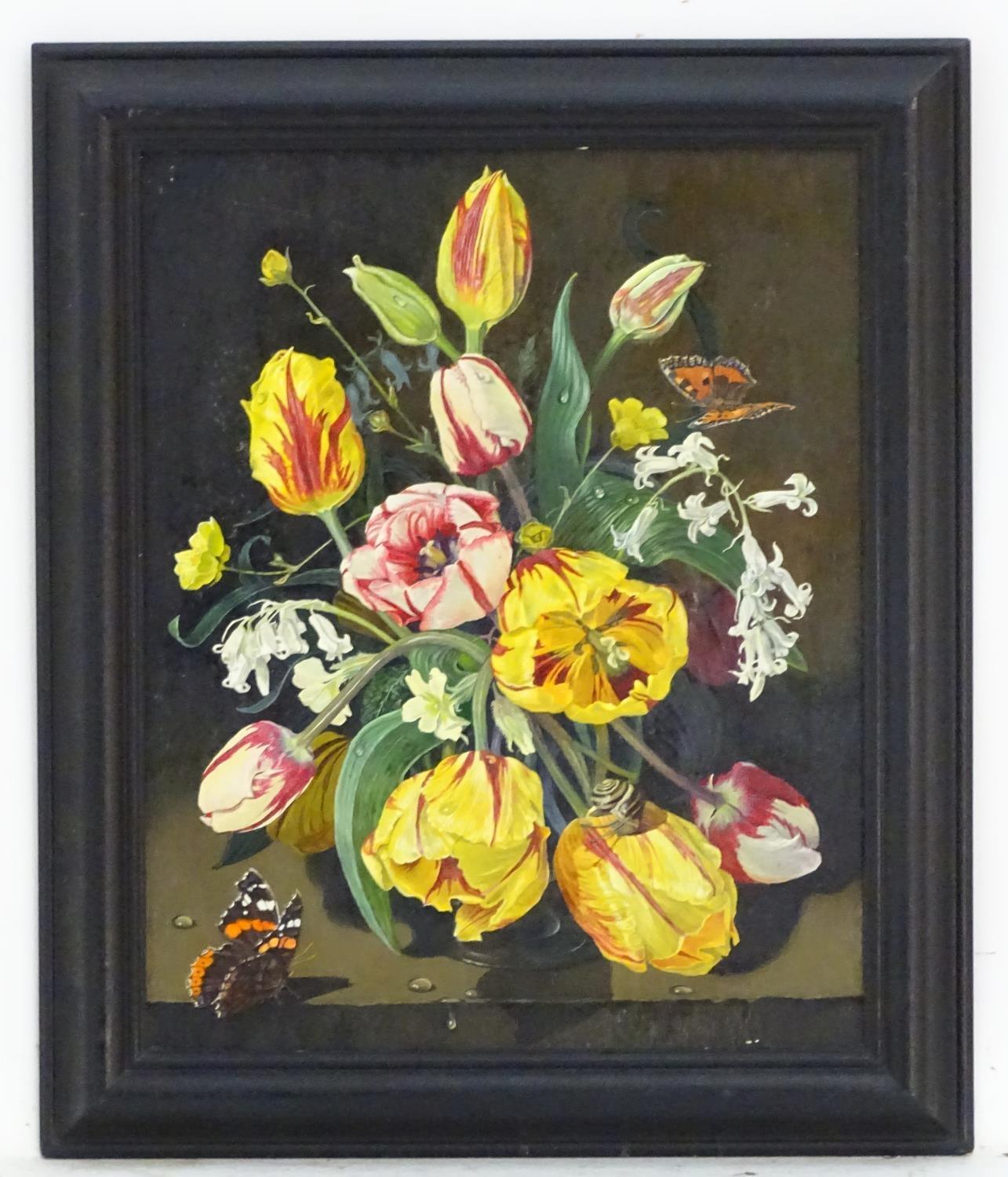 Manner of Susan Vogel (b. 1950), Oil on board, A Dutch style still life study of flowers and a