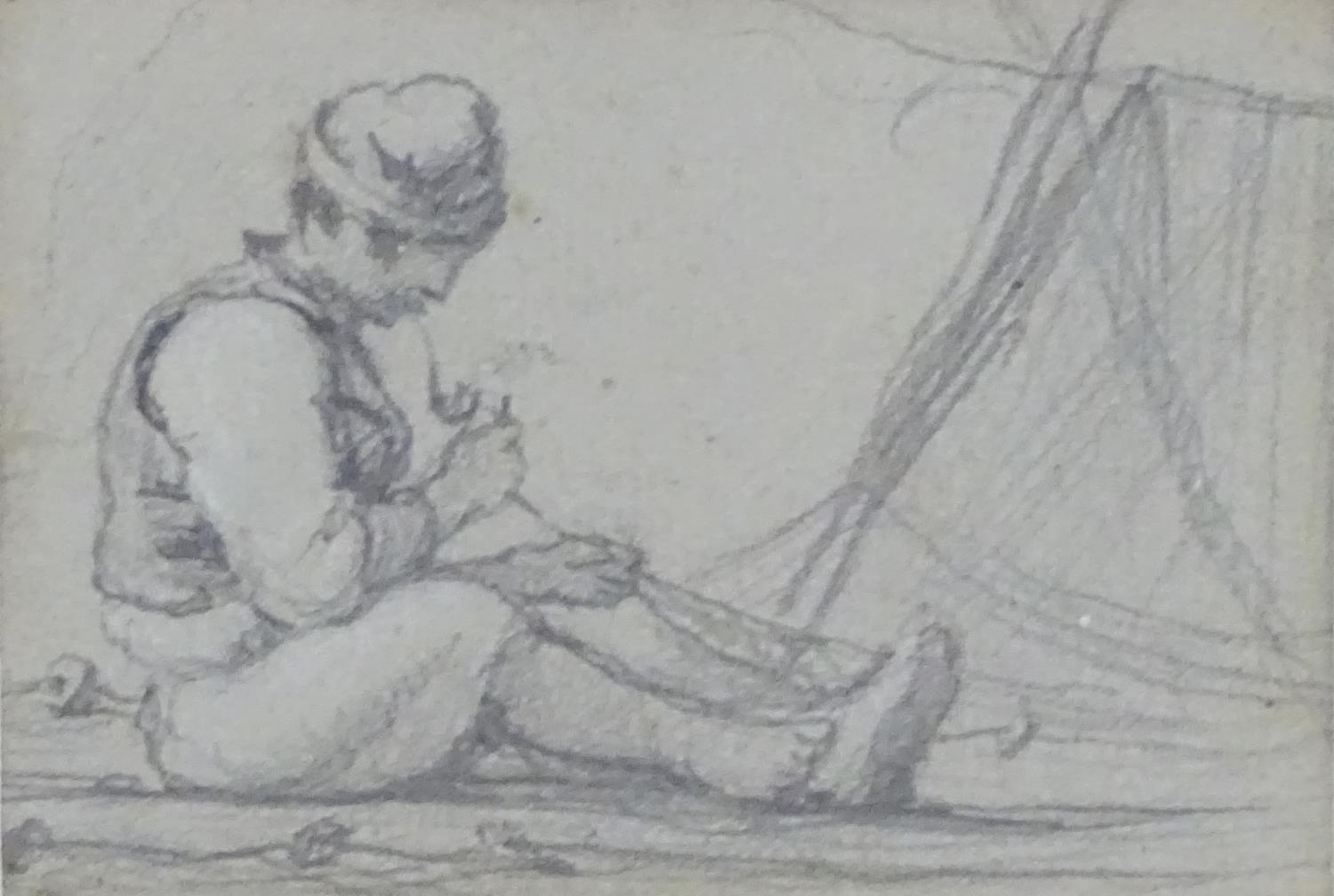 XIX-XX, Pencil on paper, A sketch of a seated man smoking a pipe whilst mending fishing nets.