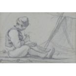XIX-XX, Pencil on paper, A sketch of a seated man smoking a pipe whilst mending fishing nets.
