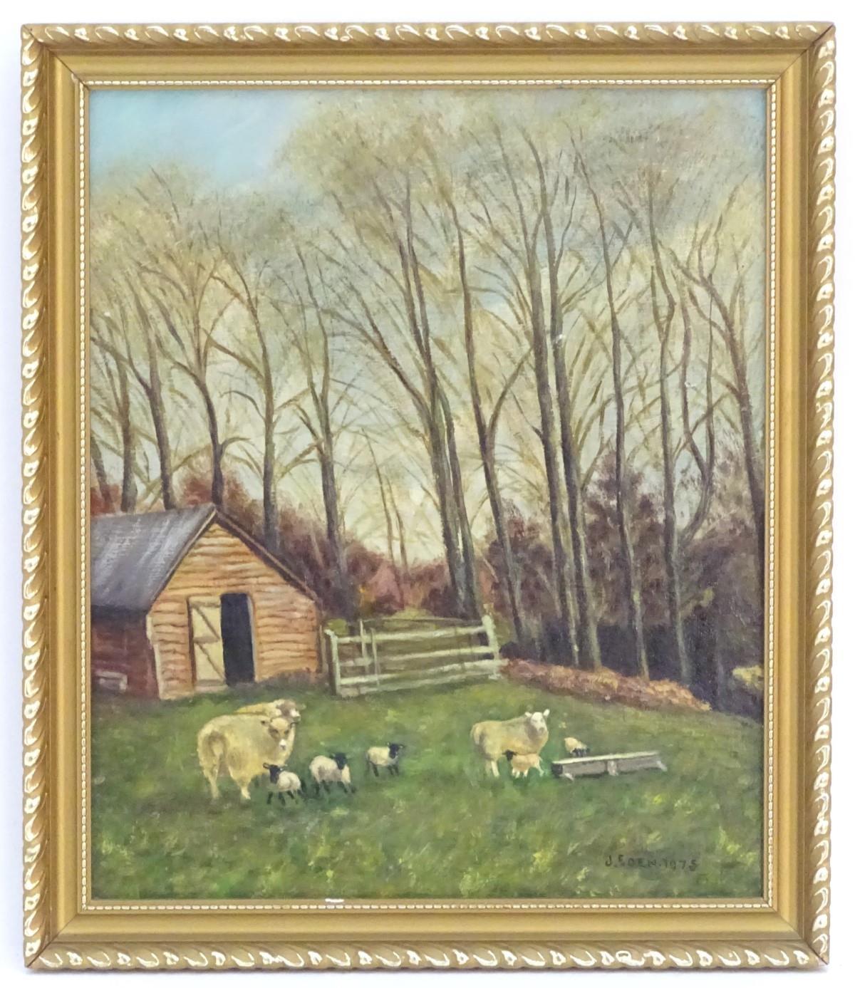 J. Eden, XX, English School, Oil on board, A naive depiction of sheep with their lambs on a farm, - Image 3 of 5