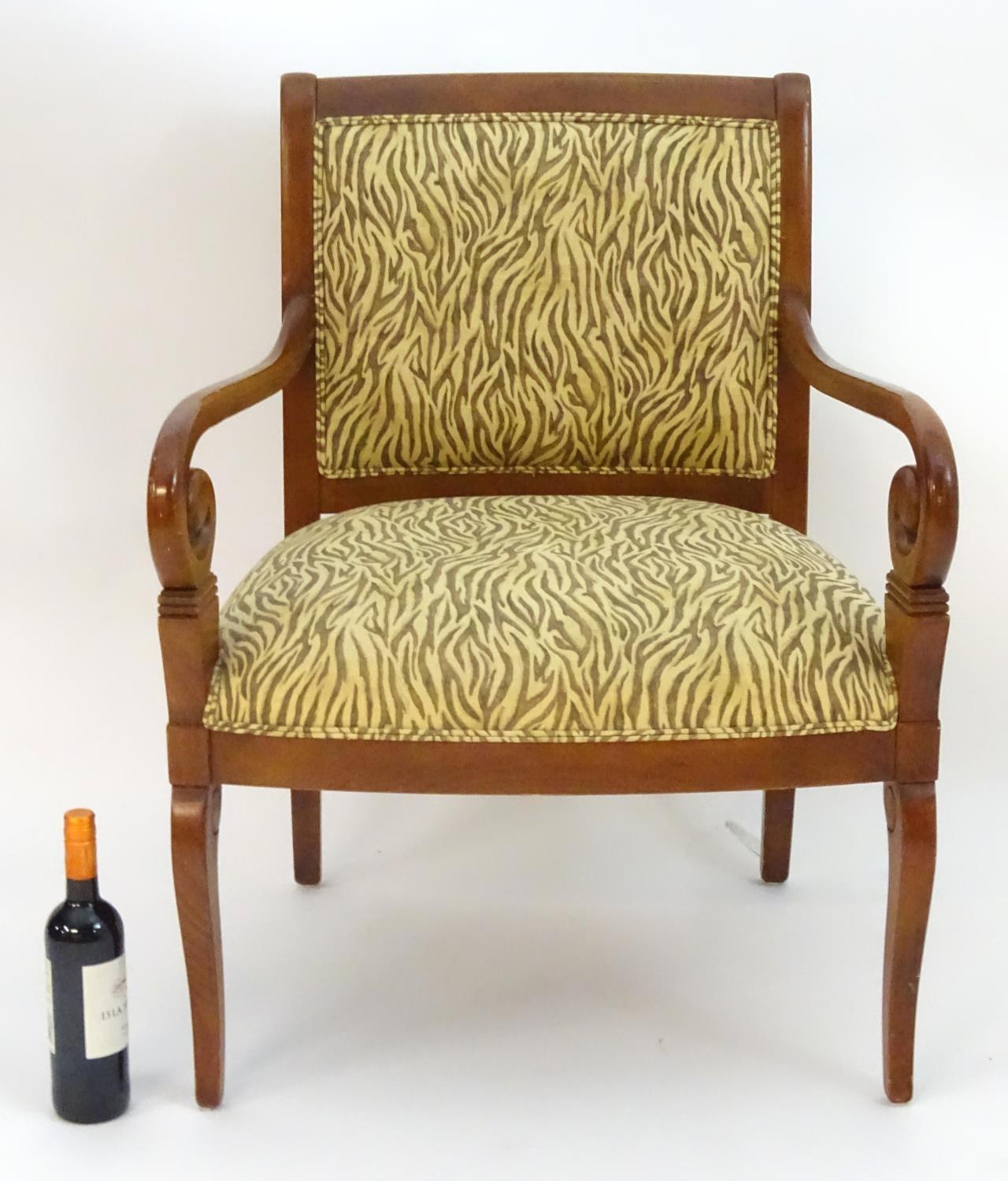 A late 20thC open armchair with upholstered back rest and seat, scrolled arms and raised on cabriole - Image 3 of 5