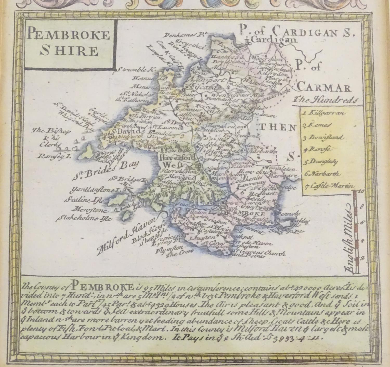 A double glazed 18thC hand coloured map of Pembrokeshire by John Ogilby, published in Owen & Bowen's - Image 6 of 11