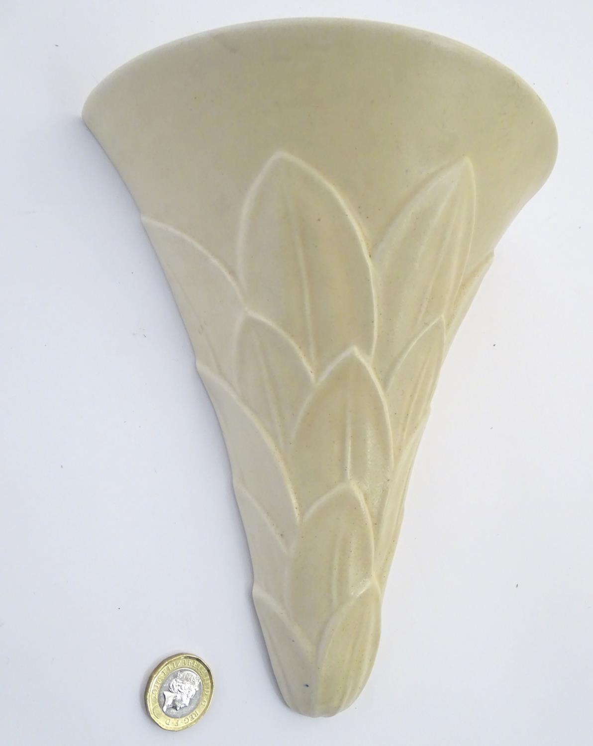 A Gray's pottery Art Deco style wall pocket / vase with leaf decoration. Marked verso. Approx. 9" - Image 4 of 5