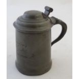 Kitchenalia: a 19thC pewter lidded tankard, with engraved inscription 'Alexander's Chop House, 112