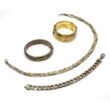 Assorted jewellery including a hallmarked silver bangle formed bracelet, , a silver gllt