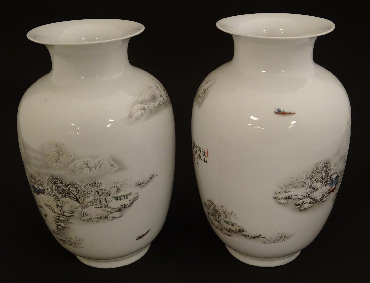 A pair of Chinese baluster vases with flared rims, with transfer decoration depicting winter - Image 3 of 8