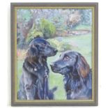 S. Beaumont, XX, English School, Oil on canvas, Two black retriever dogs in a garden. Signed and