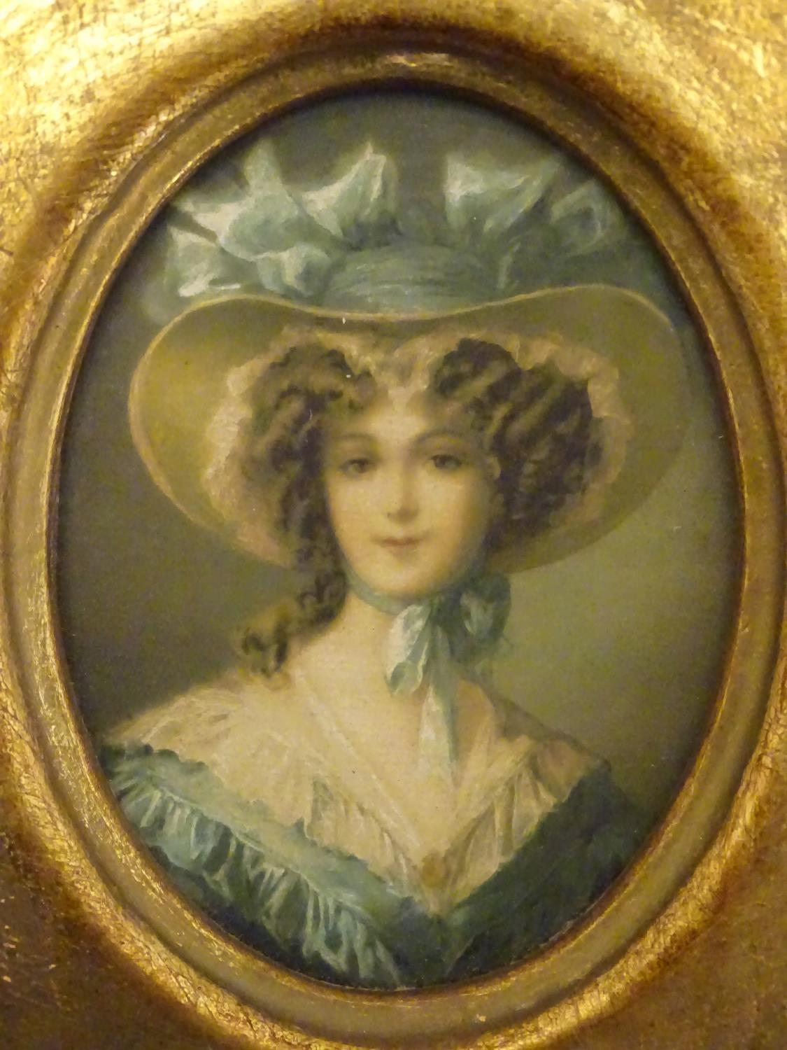 A pair of framed 20thC Continental coloured prints depicting miniature portraits of ladies wearing - Image 7 of 9