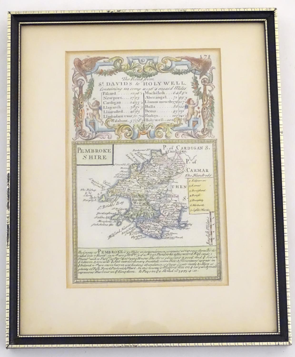 A double glazed 18thC hand coloured map of Pembrokeshire by John Ogilby, published in Owen & Bowen's