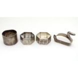 Assorted napkin rings, to include two Victorian hexagonal formed napkin rings hallmarked Sheffield