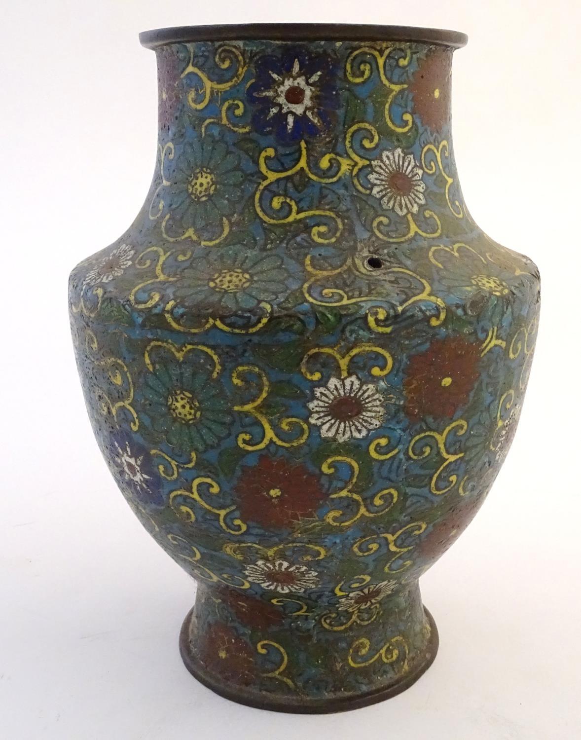 A 19th / 20thC oriental cloisonne enamel vase of baluster form with scrolling floral and foliate - Image 3 of 8