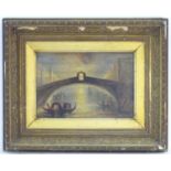 XIX, Venetian School, Oil on board, Rialto Bridge, Venice at sunrise with figures in gondolas.