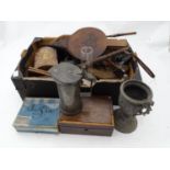 Box of assorted miscellaneous items to include bellows, book ends, camera, urn etc Please Note -